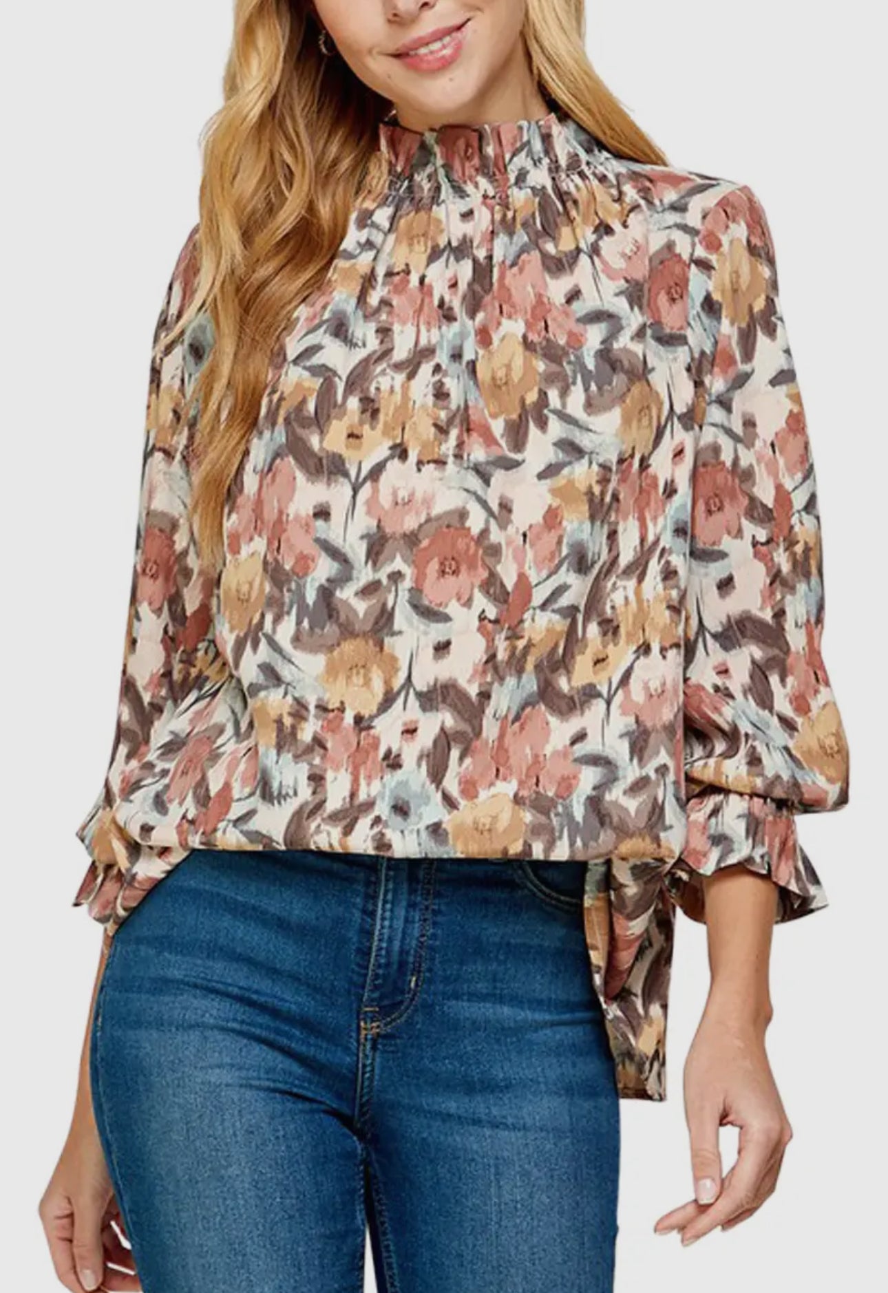 Floral Ruffled Neckline Blouse