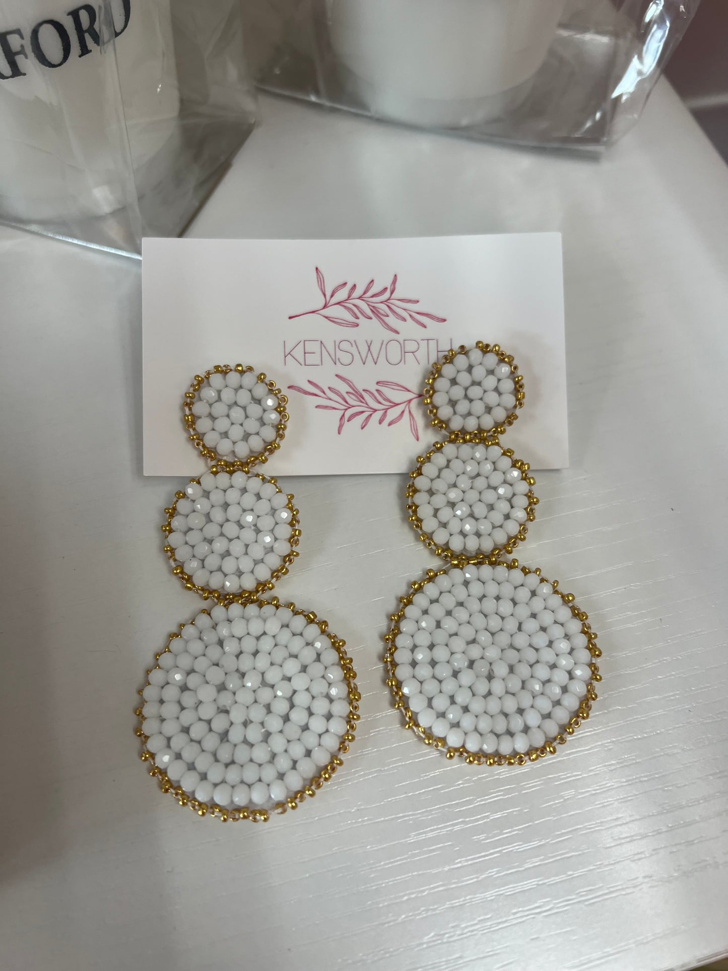 White and Gold Tiered Beaded Earrings