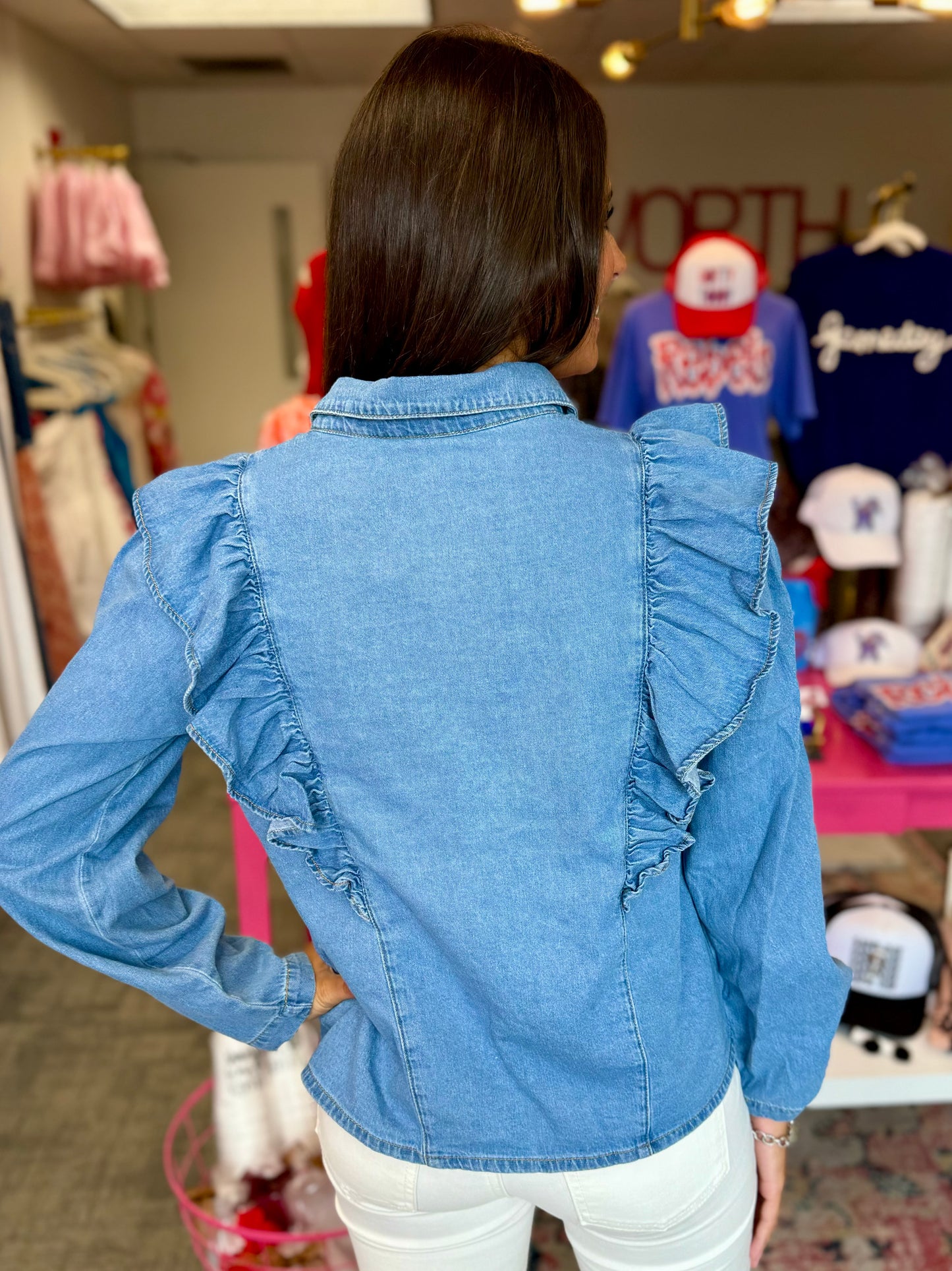 Olivia Ruffled Sleeve Denim Top