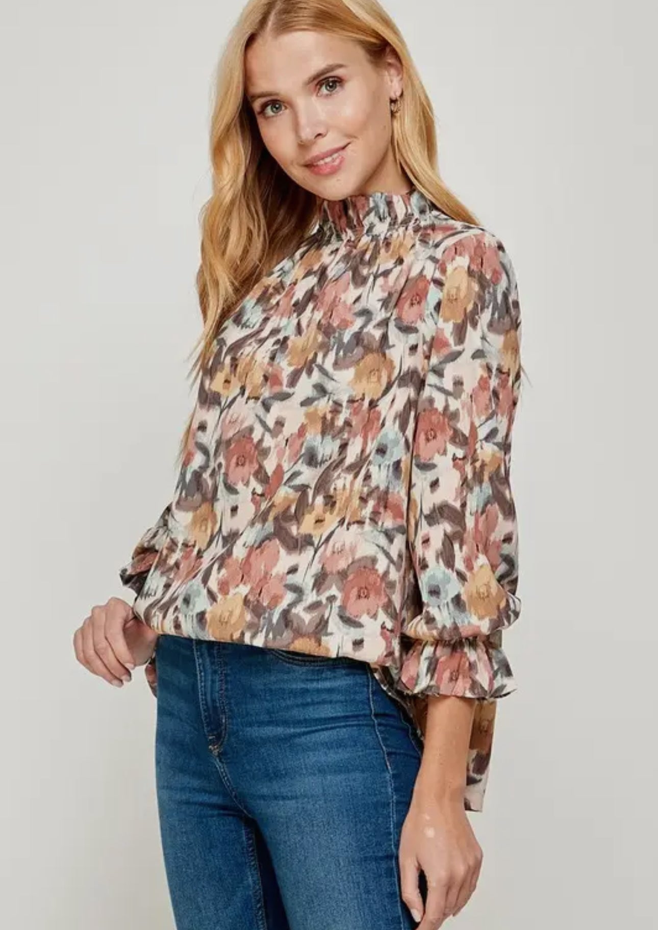 Floral Ruffled Neckline Blouse