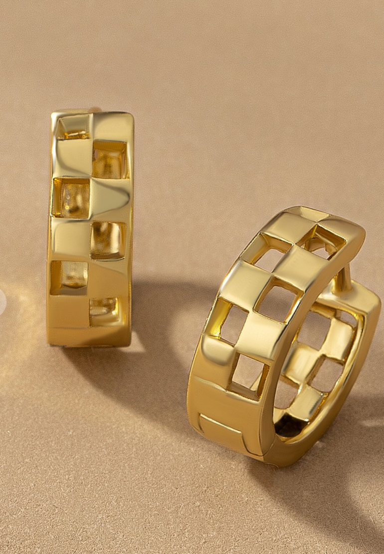 Brass Checker Huggie Hoop Earrings