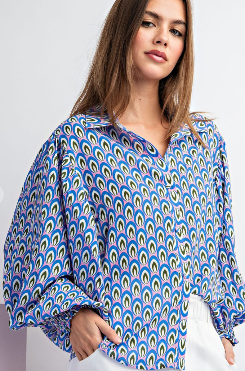Cat Printed Bubble Sleeve Top