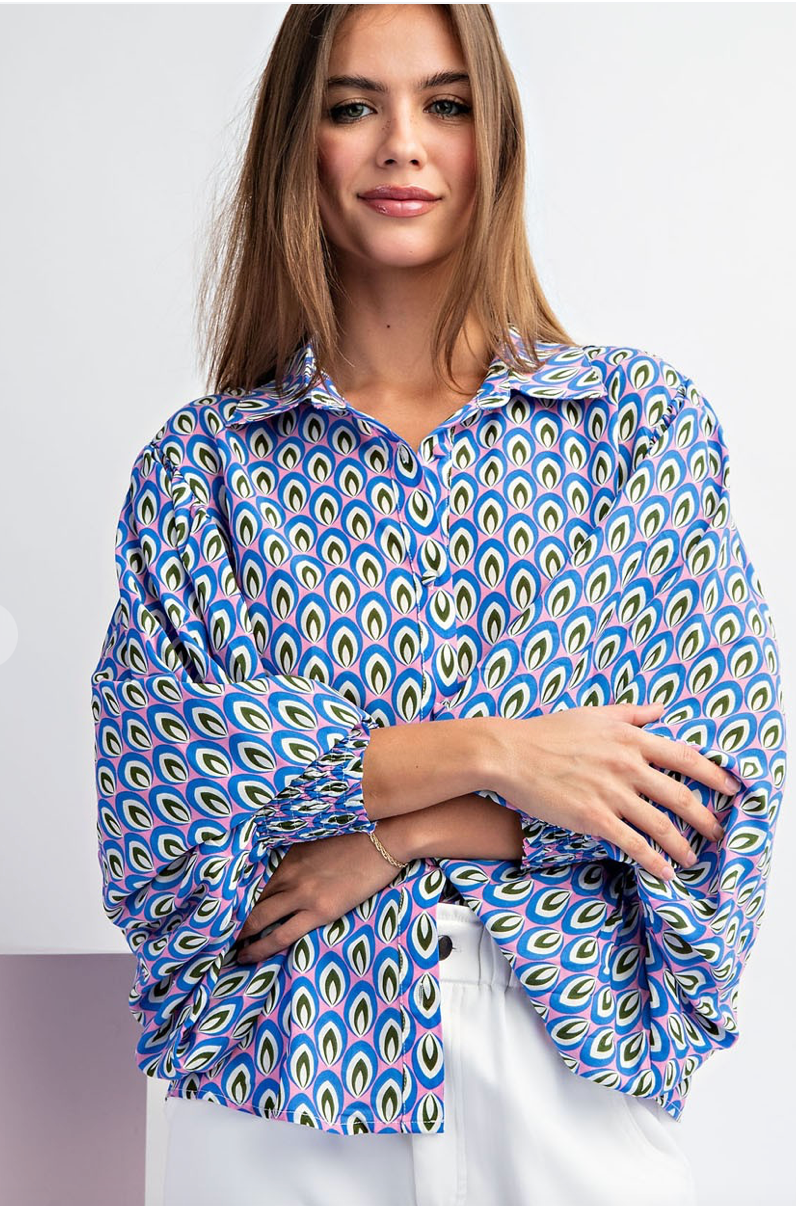 Cat Printed Bubble Sleeve Top