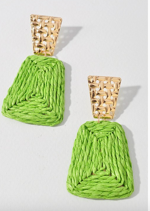 Faux Straw Dangling Earrings- Green