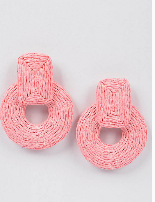 Raffia Circle Stud Earring-Pink