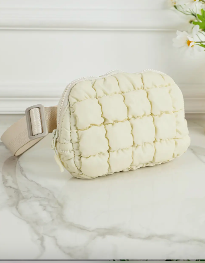 Beige Solid Puffy Quilted Crossbody Bag