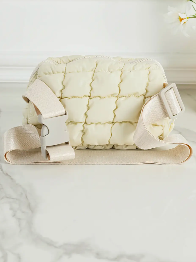 Beige Solid Puffy Quilted Crossbody Bag