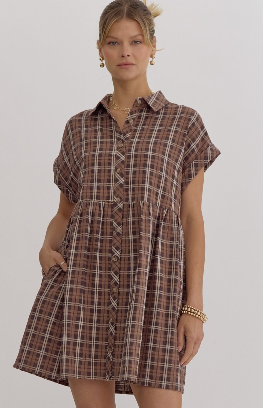 Plaid Print Button Down Collared Mini Dress