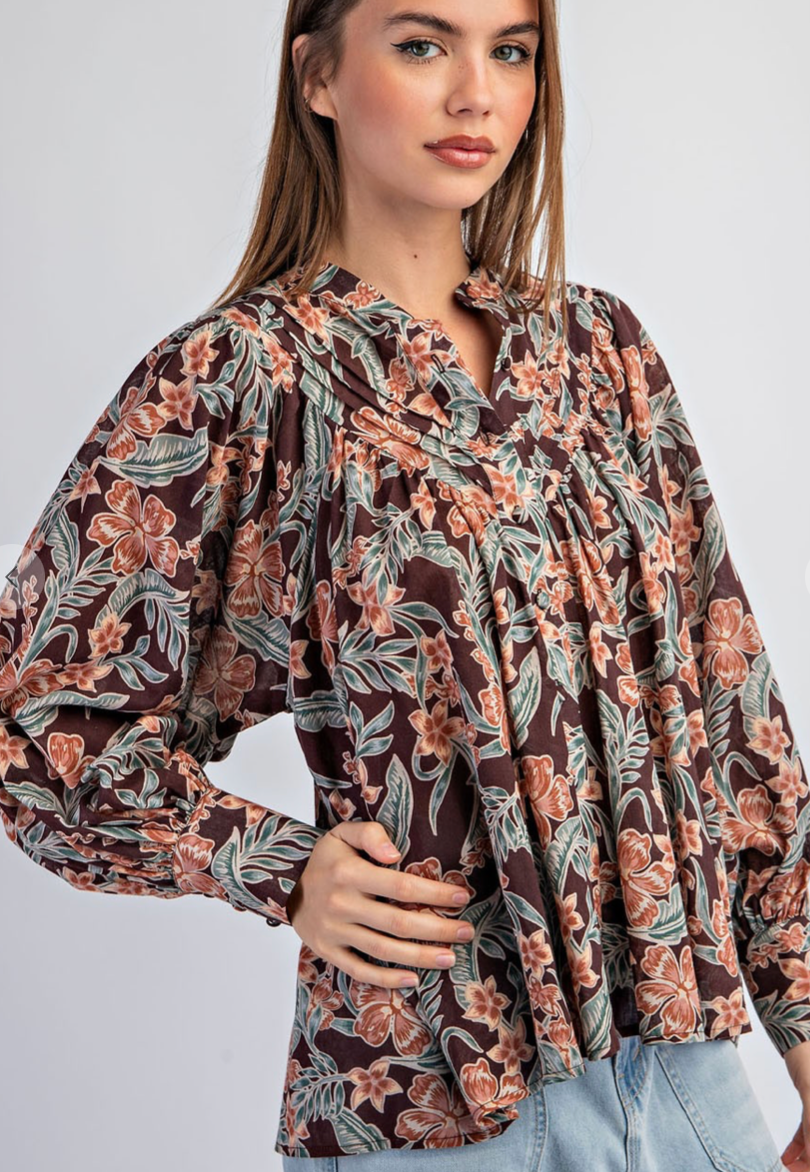 Retro Printed Button Down Blouse