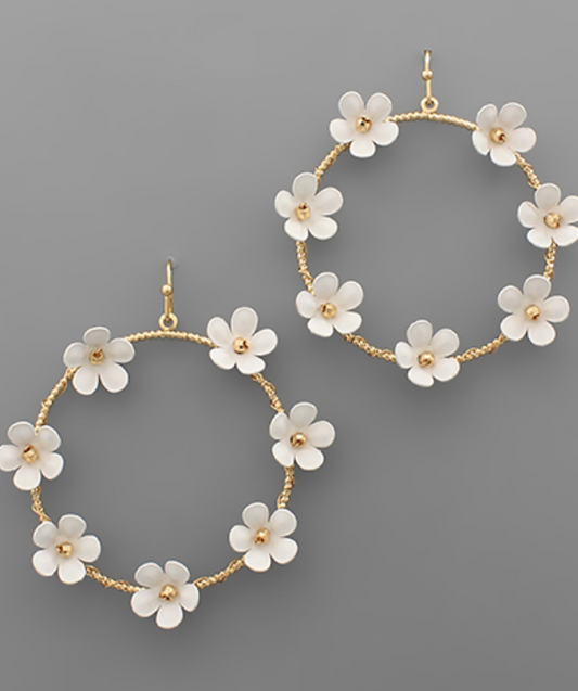 Trimmed Flowers Circle Earrings- White