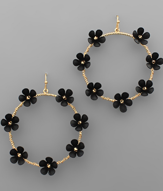 Trimmed Flowers Circle Earrings- Black