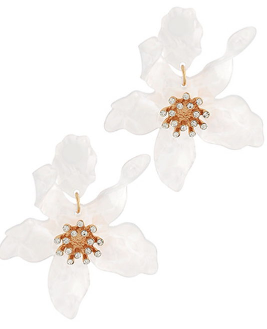 Flower w/Crystal Acrylic Earrings- White/Gold