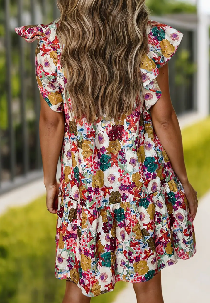 Floral Print V Neck Ruffled Sleeve Mini Dress