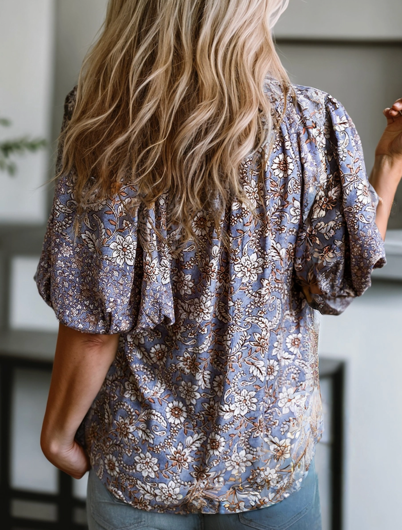 Floral Print Tassel Tie Puff Sleeve Blouse