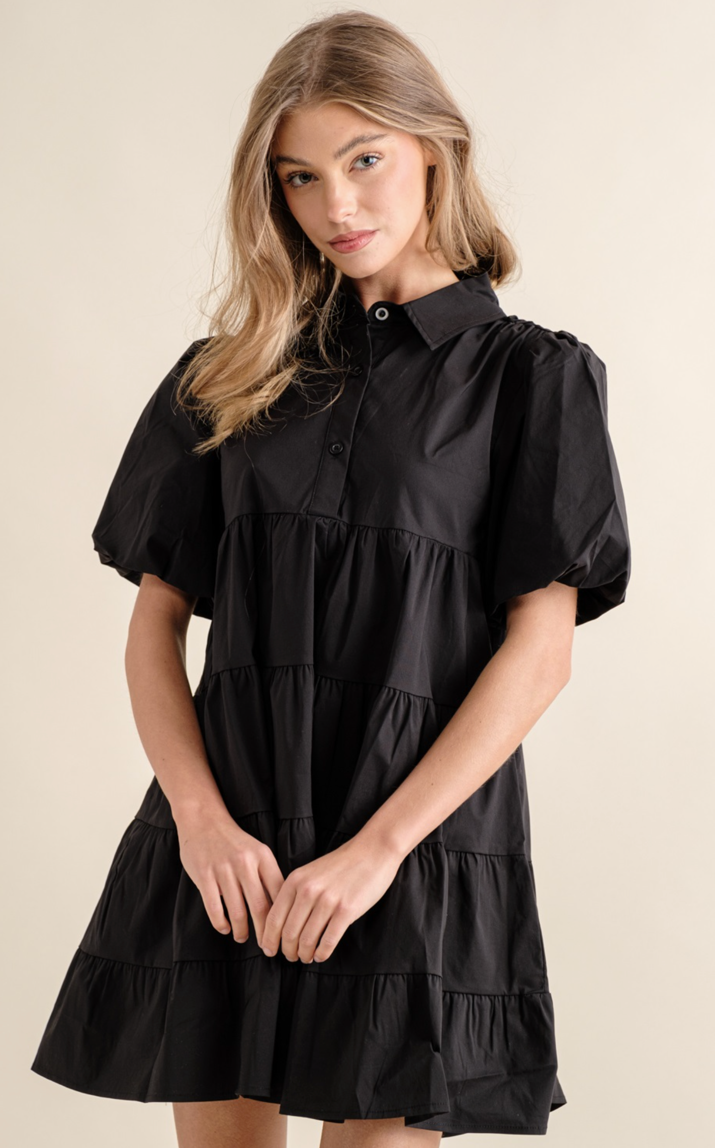 Button Up Tiered Puff Sleeve Shirt Dress