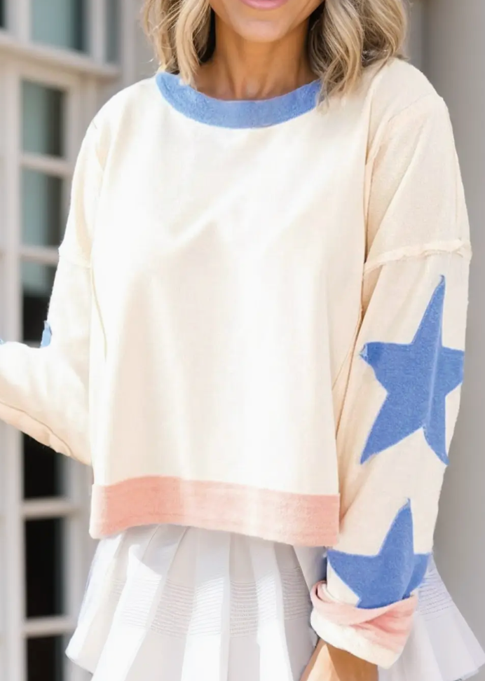 Women Star Exposed Seam Long Sleeved Loose Sweatshirt