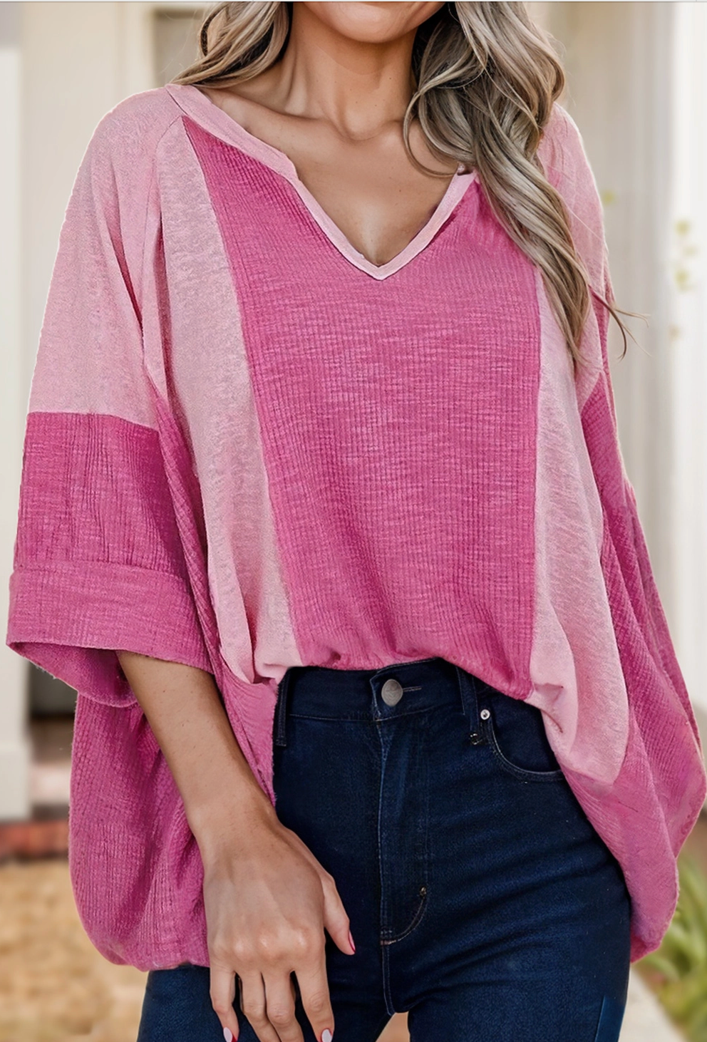 Colorblock Textured 3/4 Sleeve Loose Fit Top