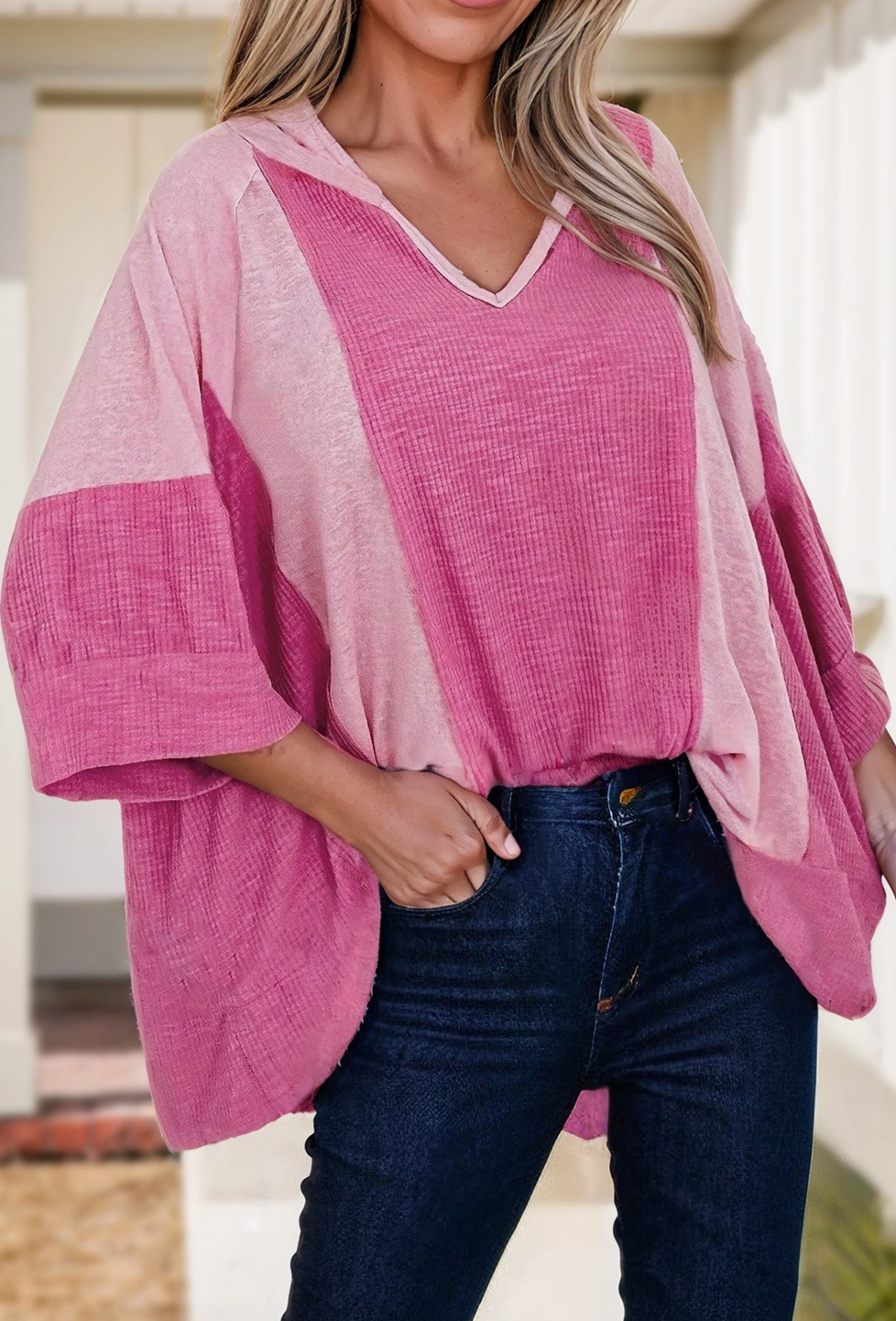 Colorblock Textured 3/4 Sleeve Loose Fit Top