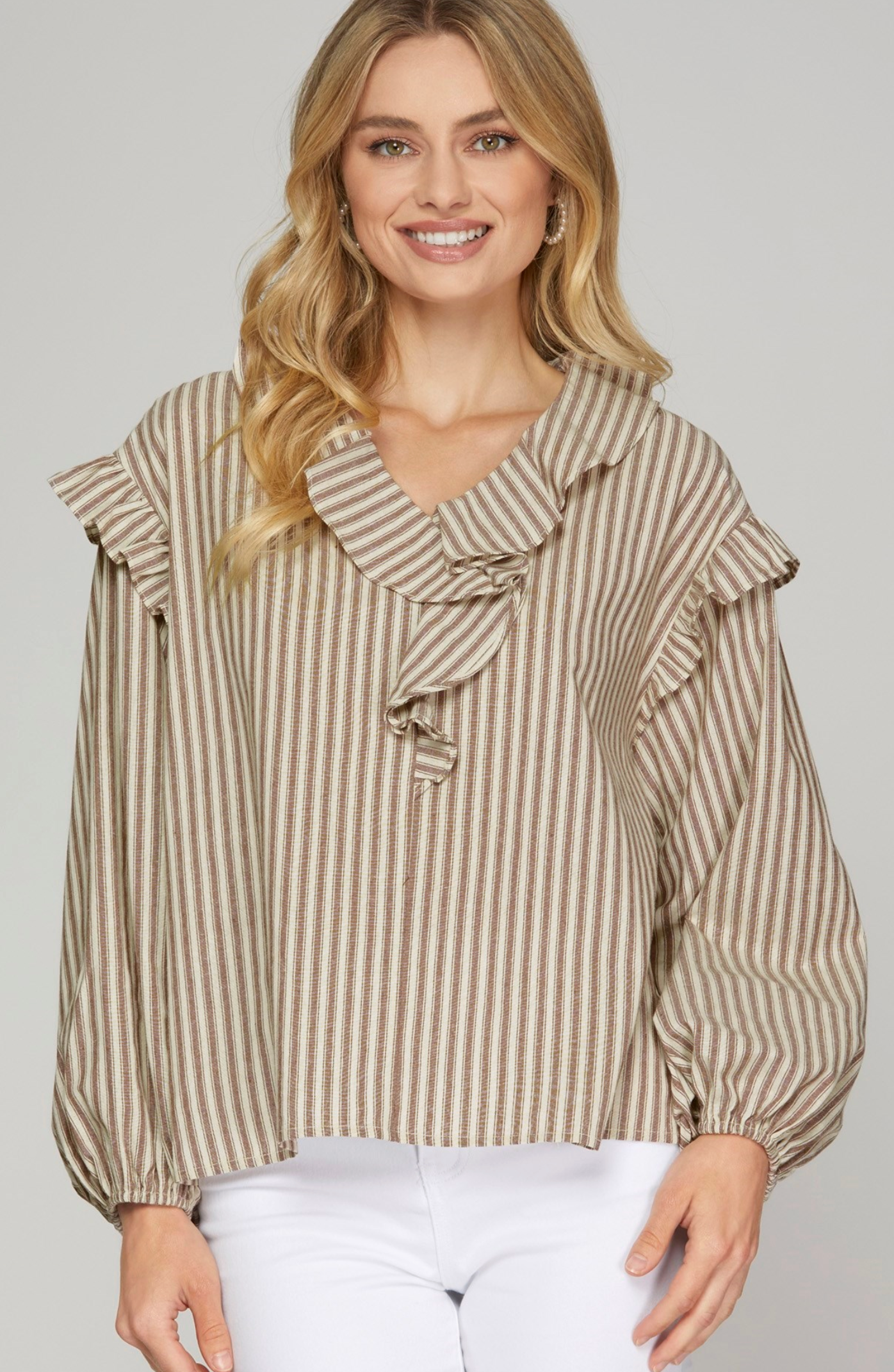 Long Sleeve Ruffled Neck Striped Top