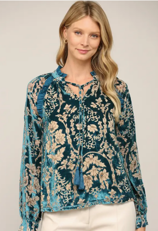 Ruffle Trimmed Burnout Velvet Blouse