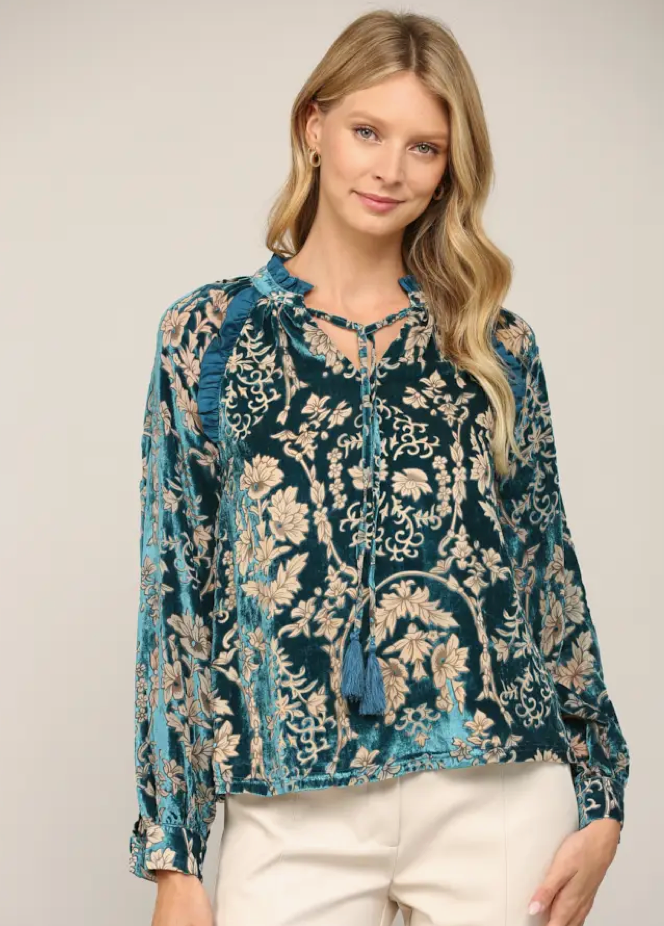 Ruffle Trimmed Burnout Velvet Blouse