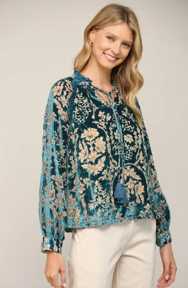 Ruffle Trimmed Burnout Velvet Blouse