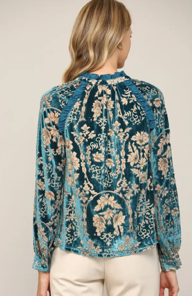 Ruffle Trimmed Burnout Velvet Blouse