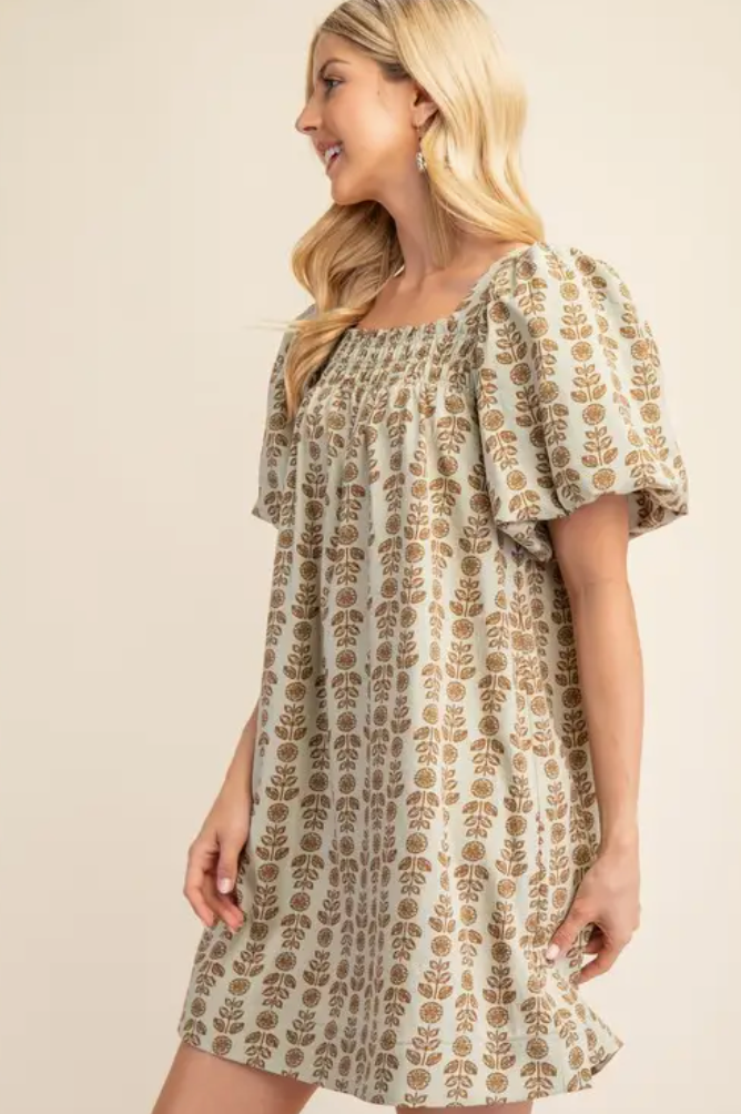 Printed Smocked Square Neck Dress