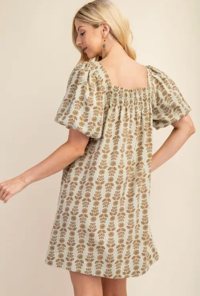 Printed Smocked Square Neck Dress