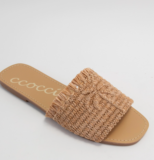Sandy Palm Tree Embroidery Design Raffia Sandal- Camel