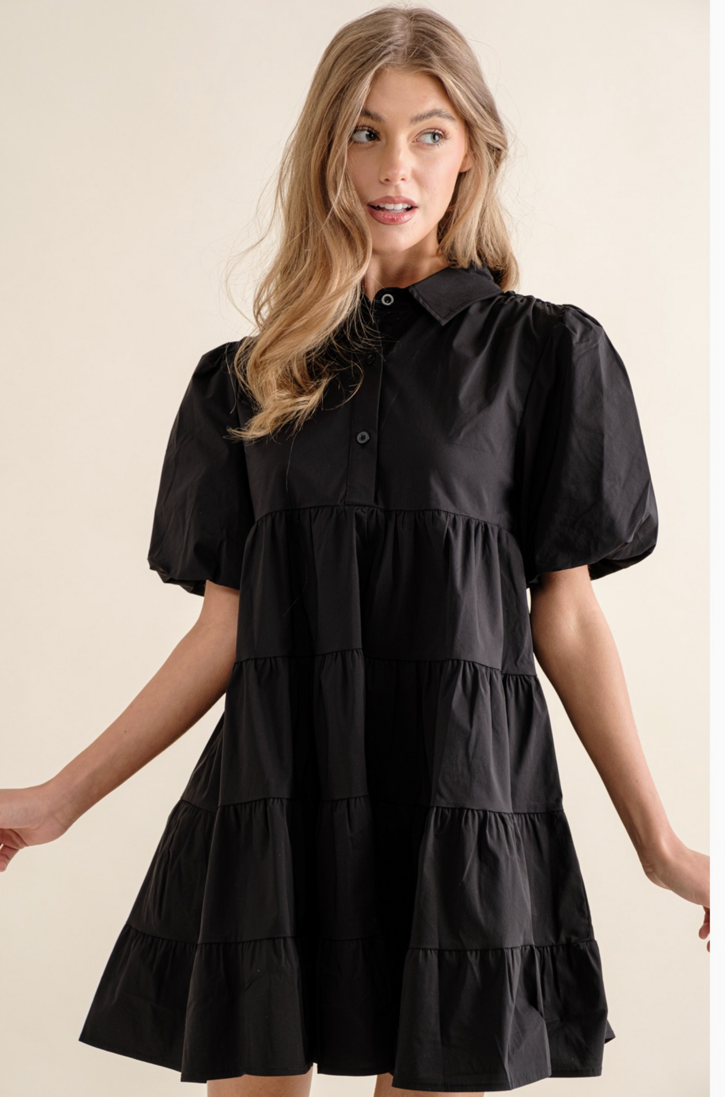 Button Up Tiered Puff Sleeve Shirt Dress