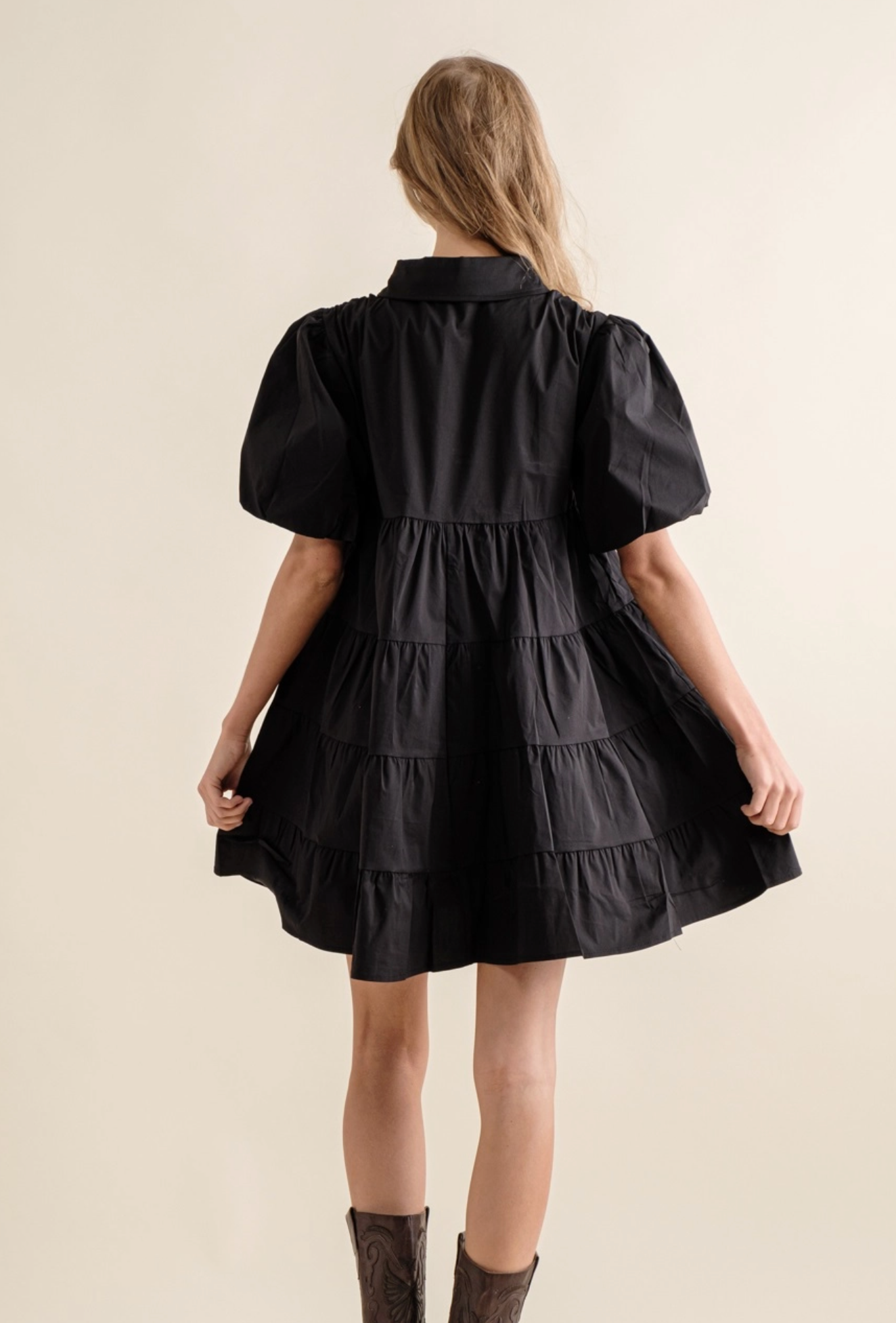 Button Up Tiered Puff Sleeve Shirt Dress