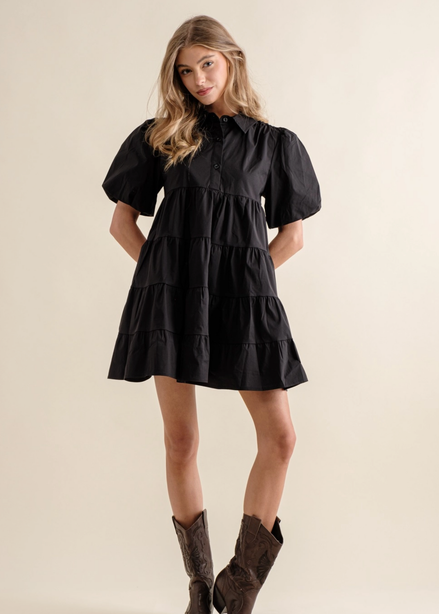 Button Up Tiered Puff Sleeve Shirt Dress